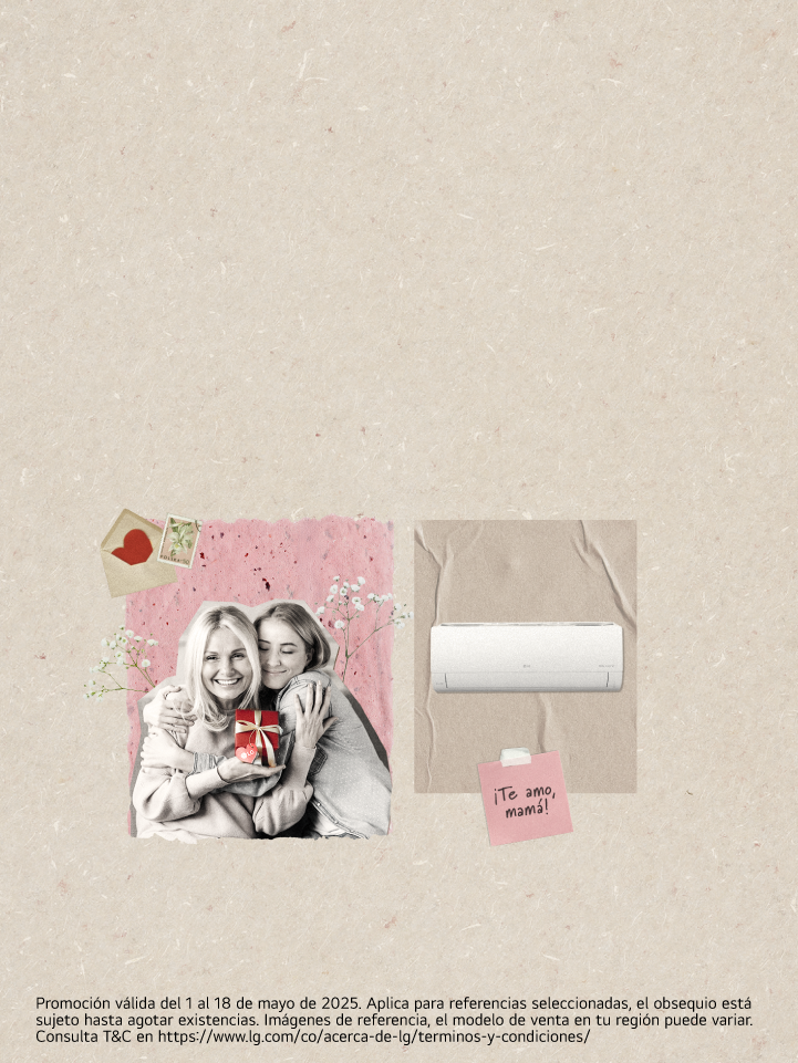 Imagen de mamá e hija con un regalo y aire acondicionado LG en fondo beige