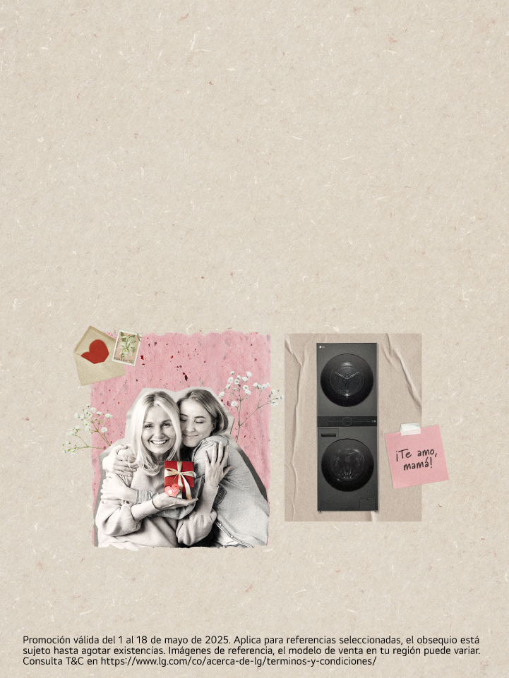 Imagen de mamá e hija con un regalo y LG WashTower en fondo beige