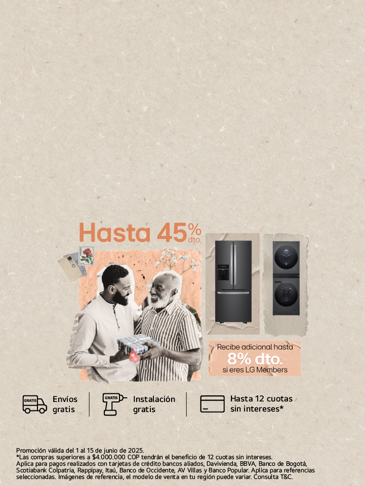 Papá e hijo con un regalo con imagén instaview y nevera, con imagen de descuento de 8% solo LG Member