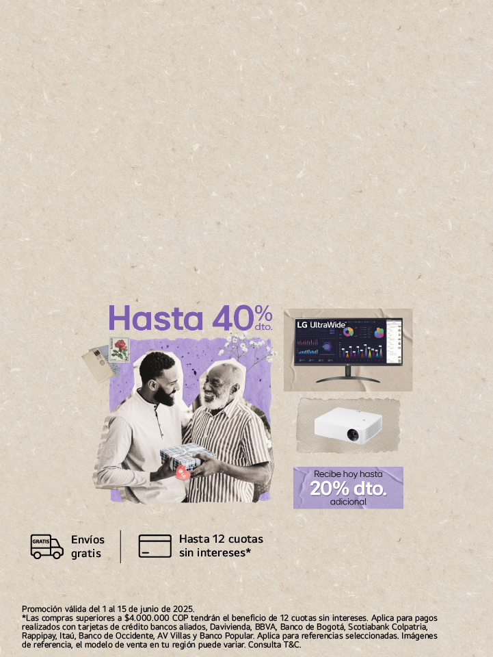 Papá e hijo con un regalo con imagén de Monitores LG, con imagen de descuento de 20% dto. adicional