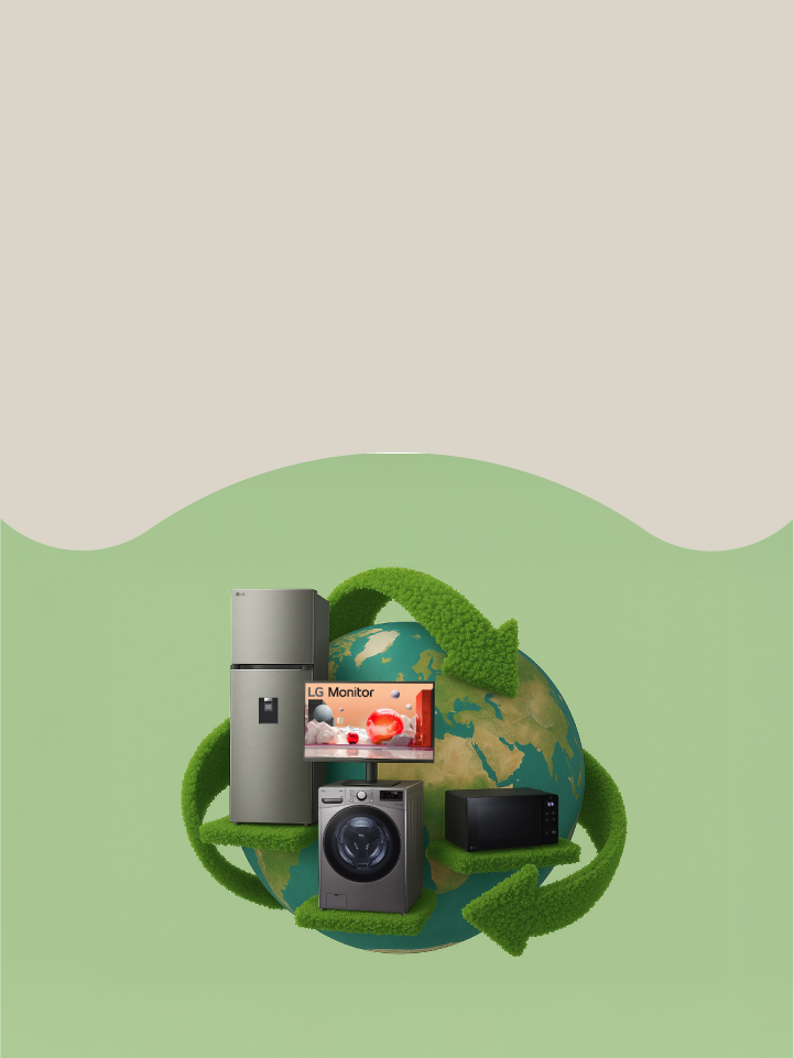 Productos LG en el planeta tierra con los signos de reciclaje y fonde verde