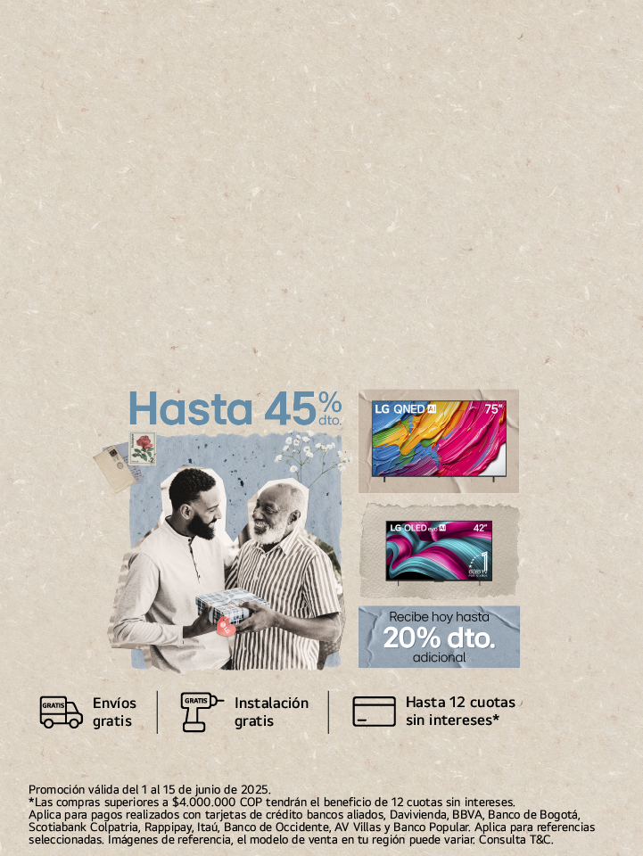 Papá e hijo con un regalo con imagén de Televisores LG, con imagen de descuento de 20% dto. adicional