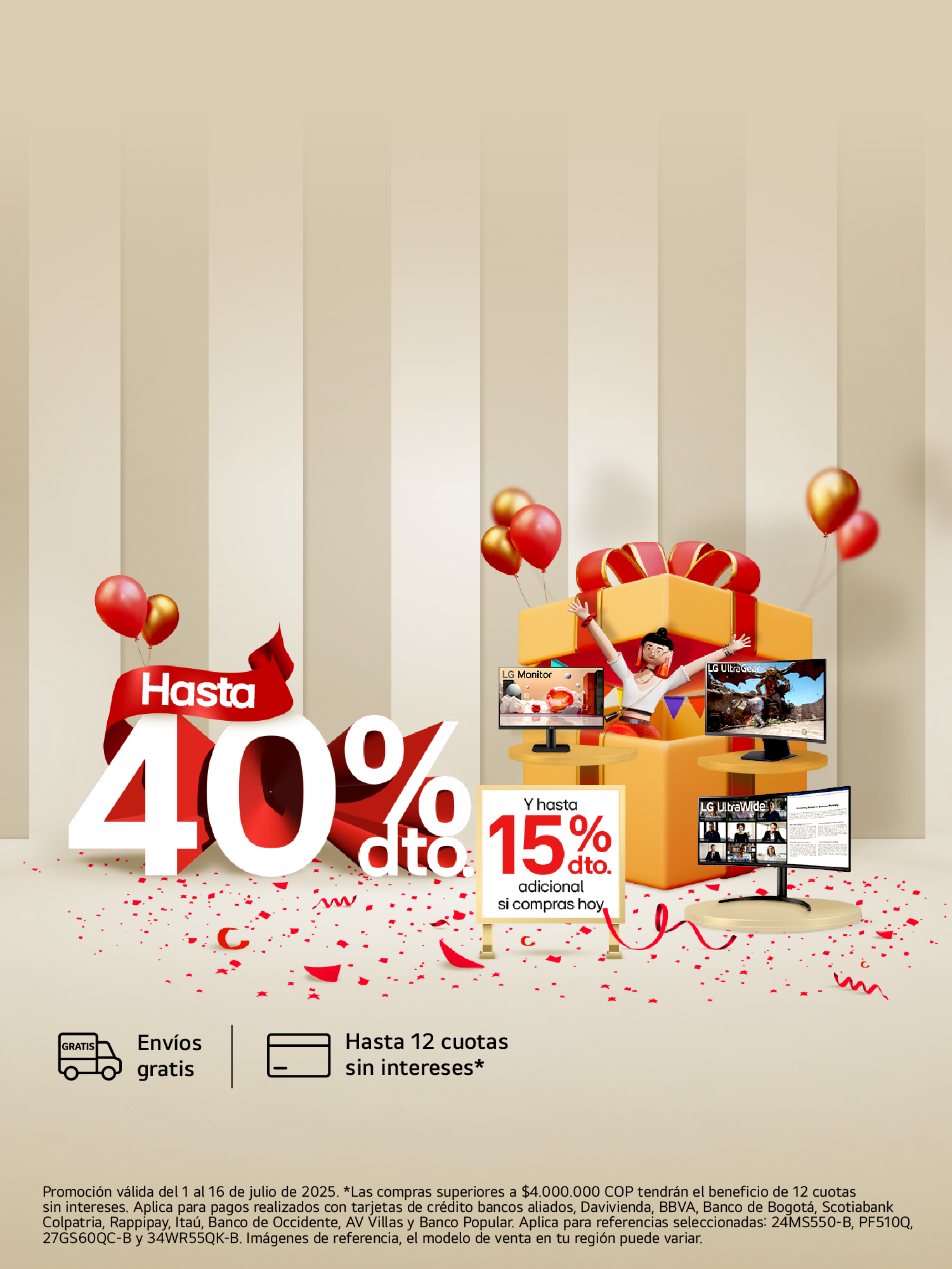 Festival de descuentos LG con Monitores porcentaje de descuento 40% y un 15% adicional con fondo de rayas