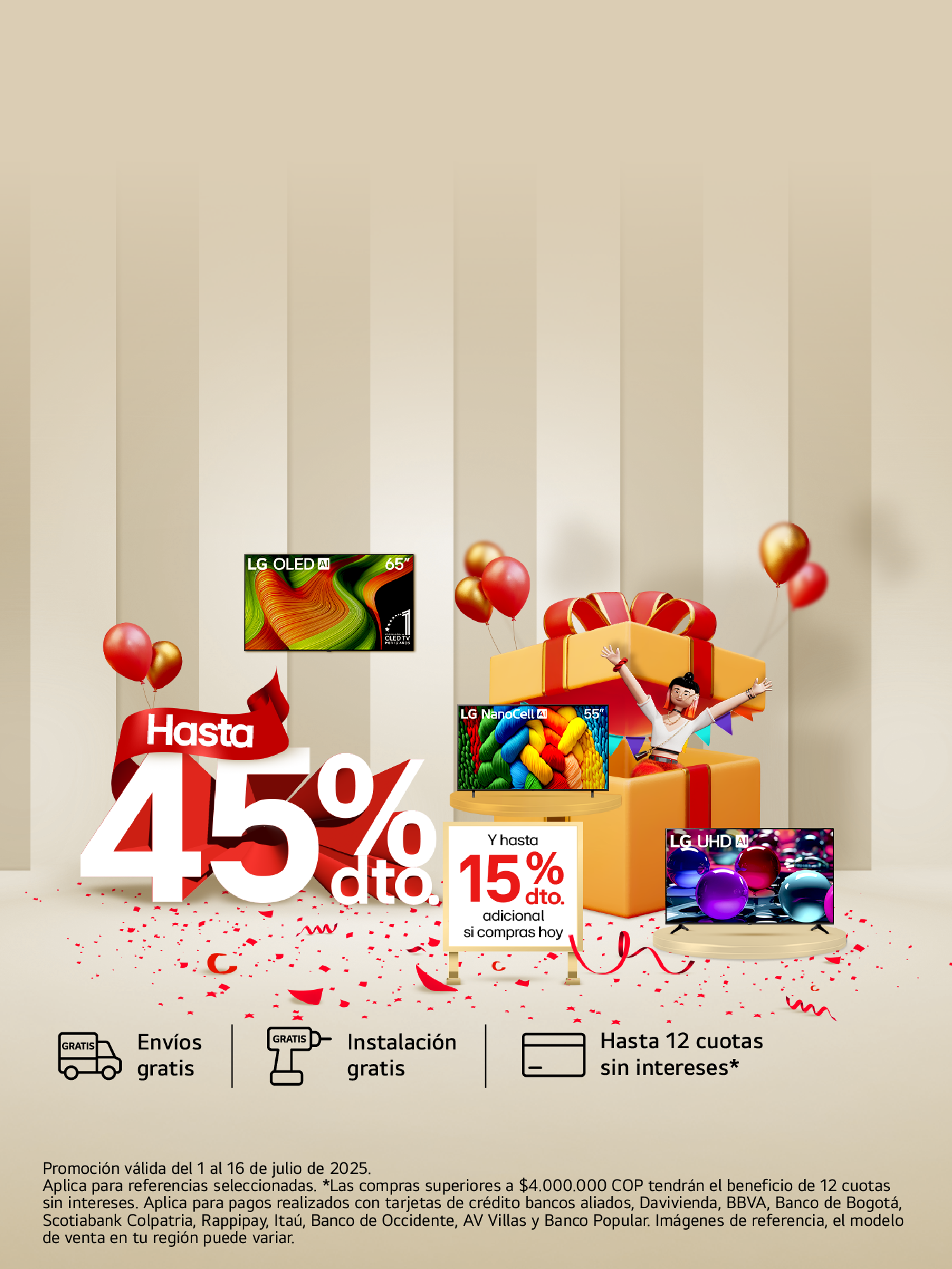 Festival de descuentos LG con Televisiores porcentaje de descuento 45% y un 15% adicional con fondo de rayas