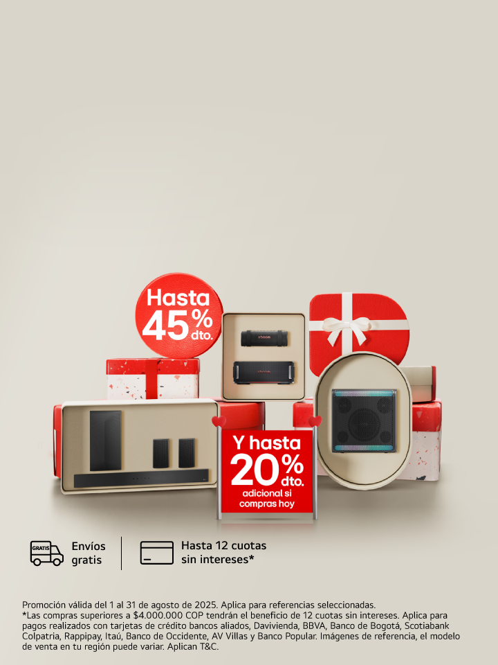 Banner promocional para una oferta, súbele el volumen a tu música con los Mega Descuentos LG