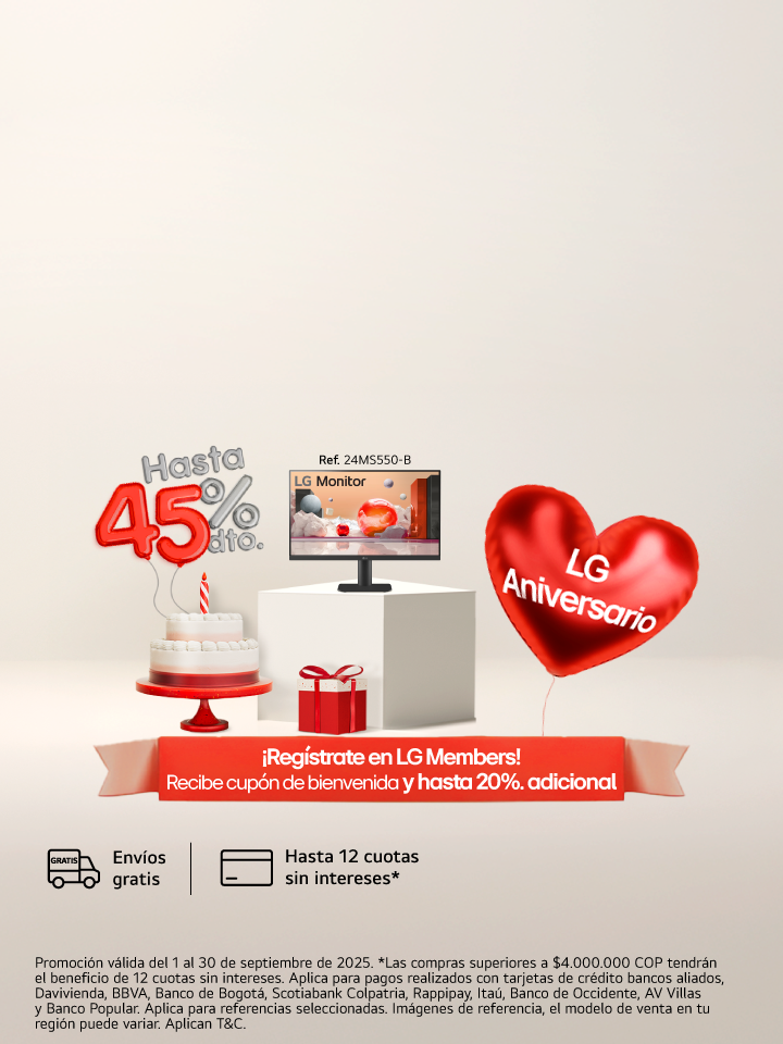 anner promocional aniversario lg, muestra un ponque un regalo, una lavadora carga superior lg  con un corazón