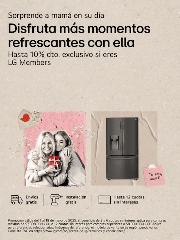 madre e hija abrazadas y al lado productos LG, Neveras, Lavadoras, Televisores, monitores, parlantes, aire acondicionado