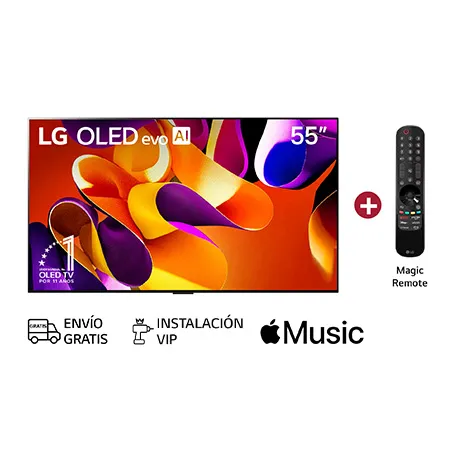 Vista frontal con LG OLED evo TV, OLED G4, el emblema de 11 años de OLED número 1 del mundo y el logotipo de 5 años de garantía del panel en la pantalla