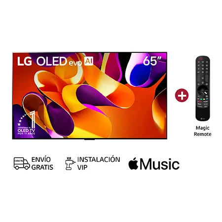 Vista frontal con LG OLED evo TV, OLED G4, el emblema de 11 años de OLED número 1 del mundo y el logotipo de 5 años de garantía del panel en la pantalla