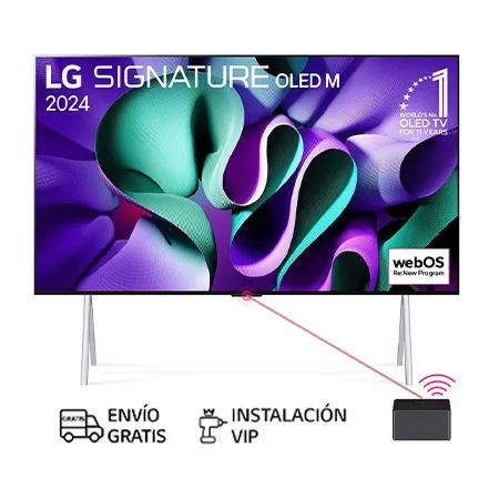 Vista frontal con LG OLED TV, OLED M4 SIGNATURE en un soporte, 11 años del emblema OLED número 1 del mundo, logotipo de webOS Re:New Program y una Zero Connect Box con transferencia inalámbrica de video y audio 4K conectada a un televisor y una red Wi-Fi -Señal Fi saliendo de la caja.