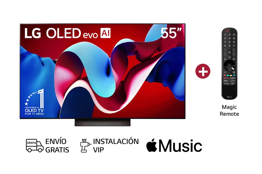 Vista frontal con LG OLED evo AI TV, OLED C4, el emblema de 11 años como líder mundial OLED y el logotipo de webOS Re:New Program en la pantalla