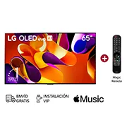 Vista frontal con LG OLED evo AI TV, OLED G4, emblema de 11 años como líder mundial OLED y logotipo del webOS Re:New Program en la pantalla