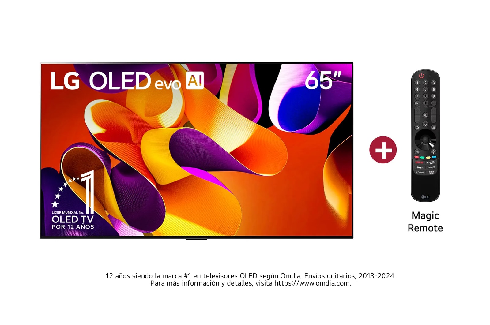 Vista frontal con LG OLED evo TV, OLED G4 evo AI 65", incluye Magic Remote