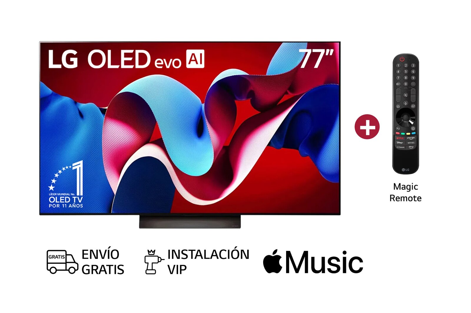 Vista frontal con LG OLED evo AI TV, OLED C4, el emblema de 11 años como líder mundial OLED y el logotipo de webOS Re:New Program en la pantalla