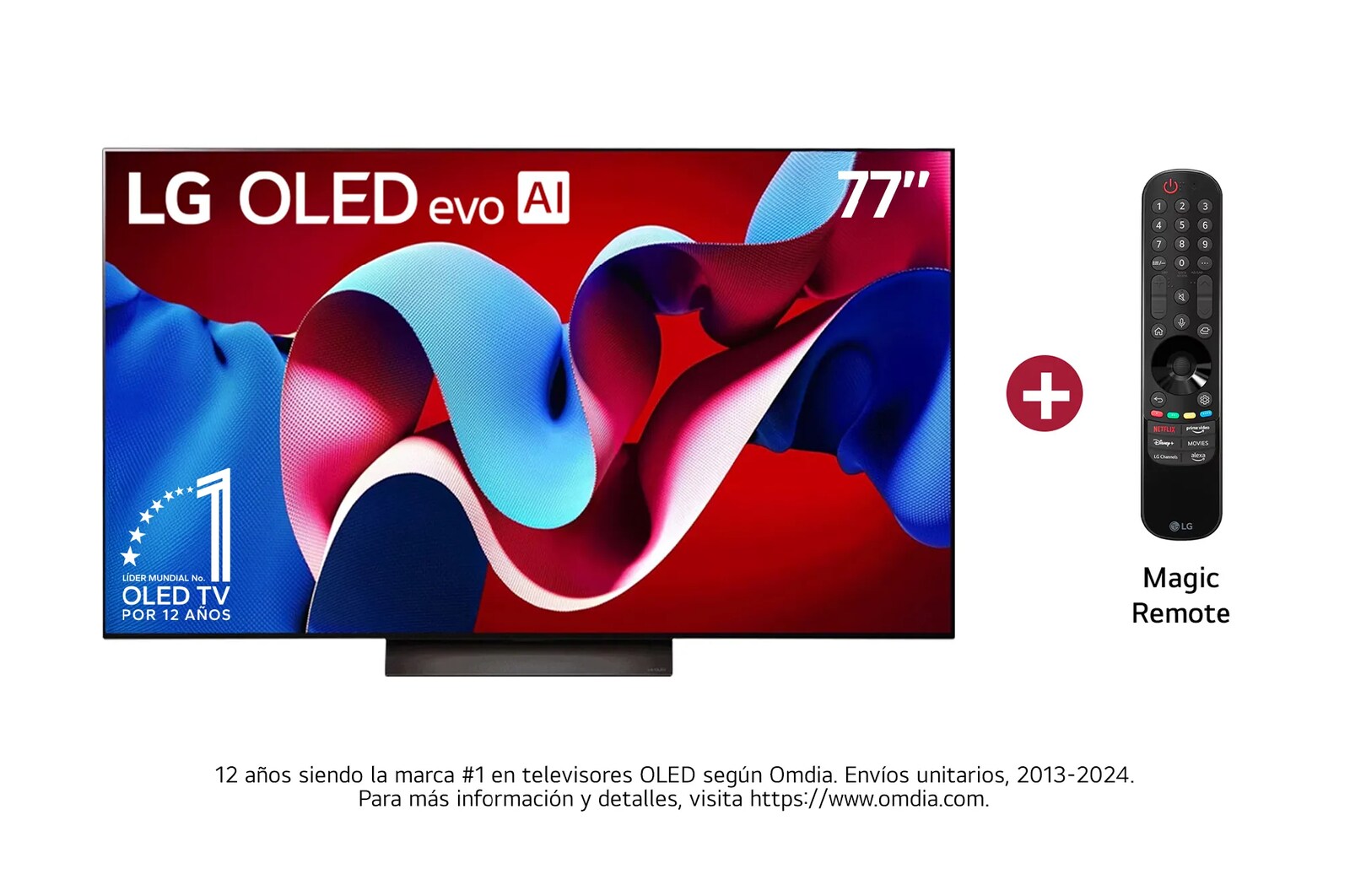 Vista frontal con LG OLED evo IA 77", incluye Magic Remote,  y el emblema OLED número 1 del mundo de 11 años en la pantalla.