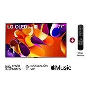 Vista frontal con LG OLED evo AI TV, OLED G4, emblema de 11 años como líder mundial OLED y logotipo del webOS Re:New Program en la pantalla