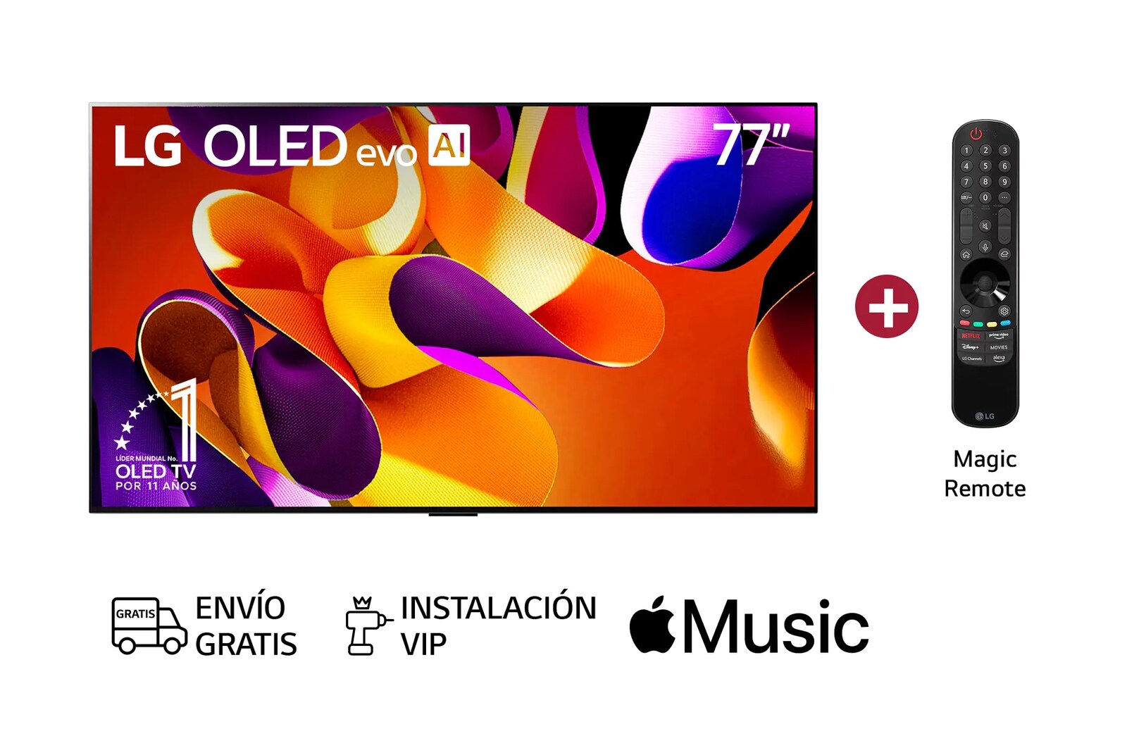 Vista frontal con LG OLED evo AI TV, OLED G4, emblema de 11 años como líder mundial OLED y logotipo del webOS Re:New Program en la pantalla