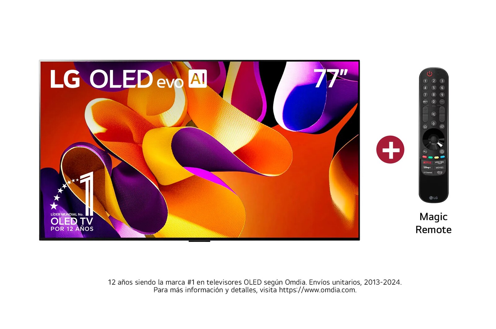 Vista frontal con LG OLED evo TV, OLED G4 evo AI,  incluye Magic Remote, y el emblema de 11 años de OLED número 1 del mundo y el logotipo de 5 años de garantía del panel en la pantalla