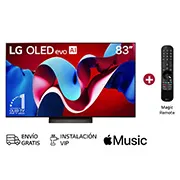 Vista frontal con LG OLED evo AI TV, OLED C4, el emblema de 11 años como líder mundial OLED y el logotipo del programa webOS Re:New en la pantalla