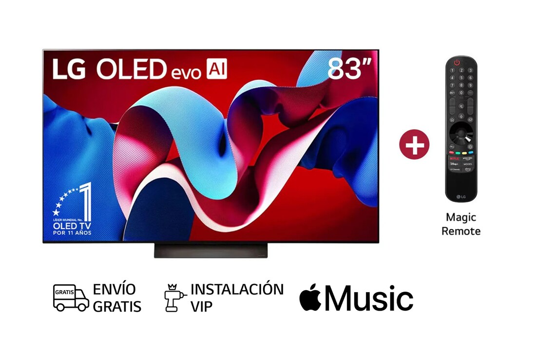 Vista frontal con LG OLED evo AI TV, OLED C4, el emblema de 11 años como líder mundial OLED y el logotipo del programa webOS Re:New en la pantalla