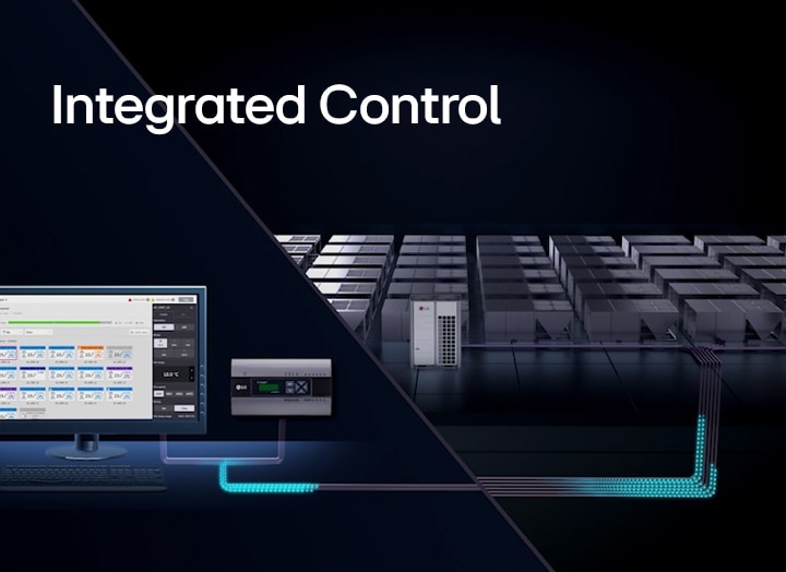 La interfaz de control integrado de LG en un computador, conectada a varias unidades de climatización a través de una red representada por líneas azules.