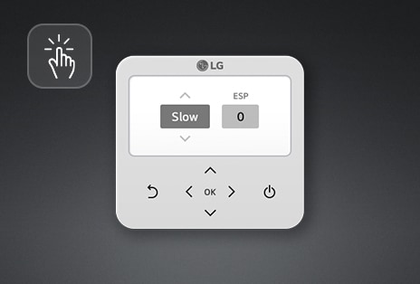 Control remoto LG con un icono táctil, flechas y botones de “Lento” y “ESP”. En la pantalla aparece “Lento” y “0”.