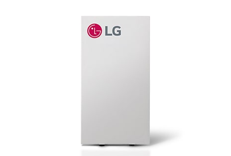 Vista frontal de un kit EEV blanco grande de LG con el logotipo de LG en la esquina superior derecha. La unidad está colocada verticalmente sobre una superficie gris claro.