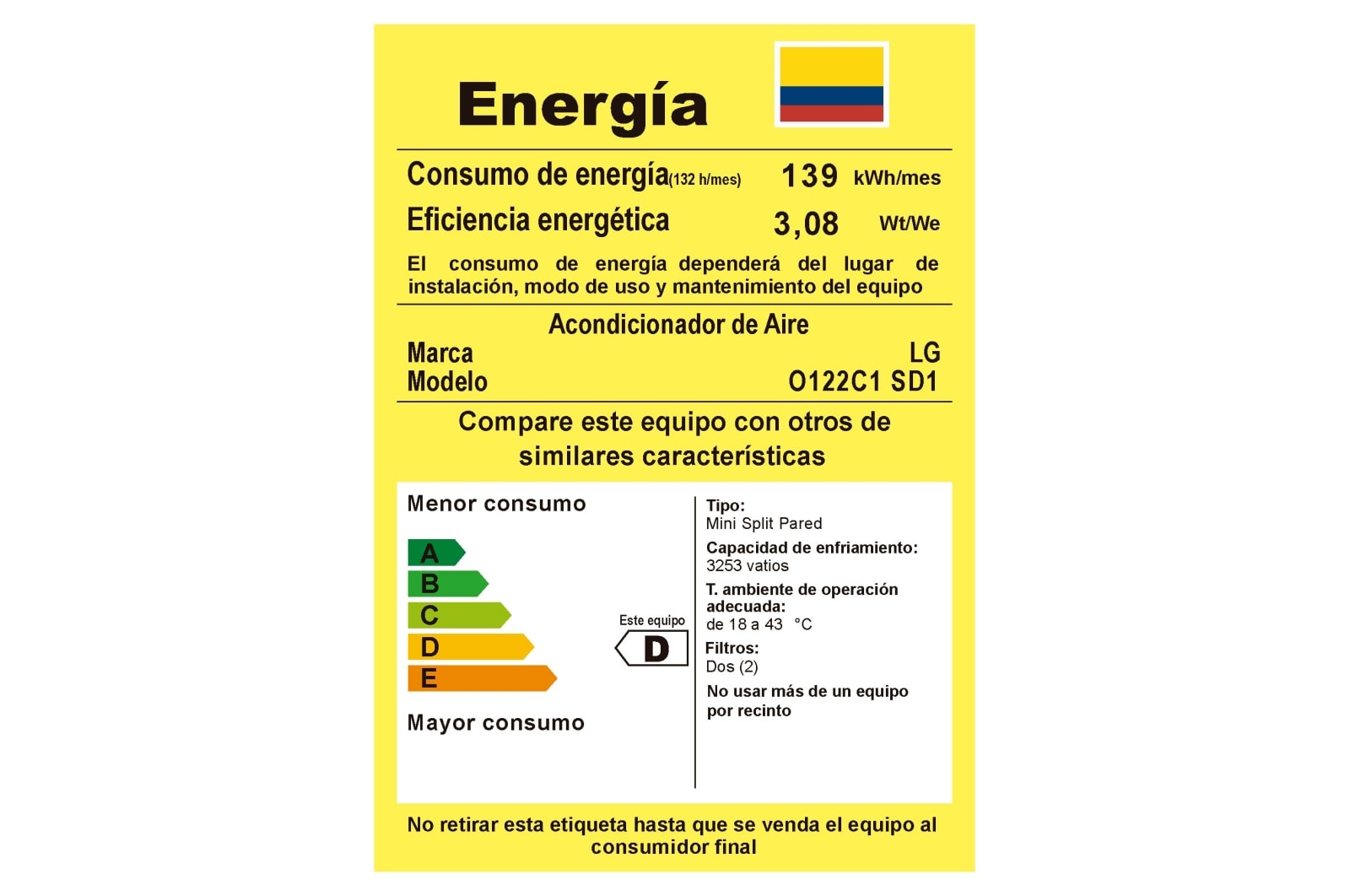 Información y guía energética del aire acondicionado LG 12000 BTU