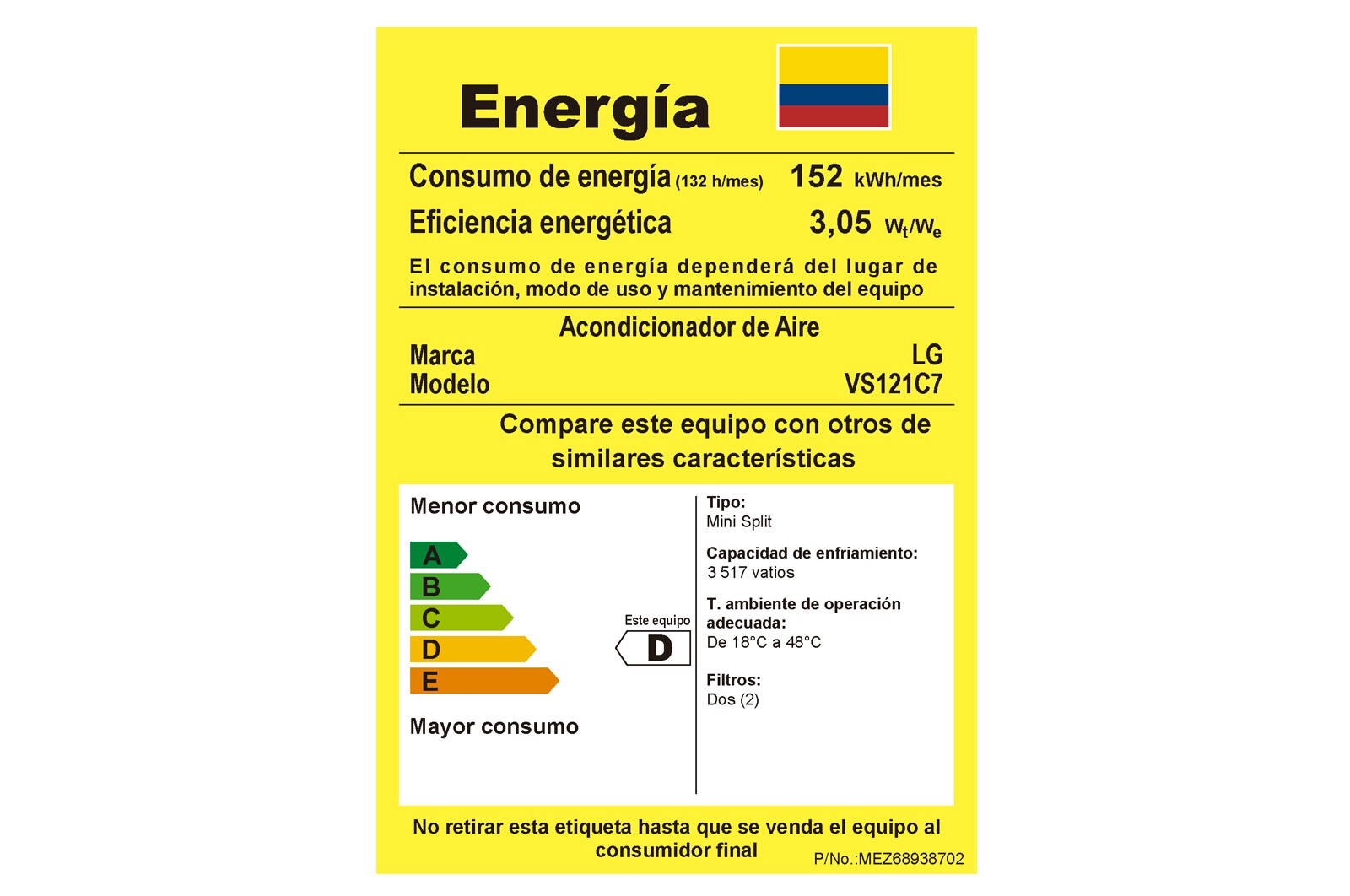 Consumo energético aire acondicionado VS121C7 BTU 