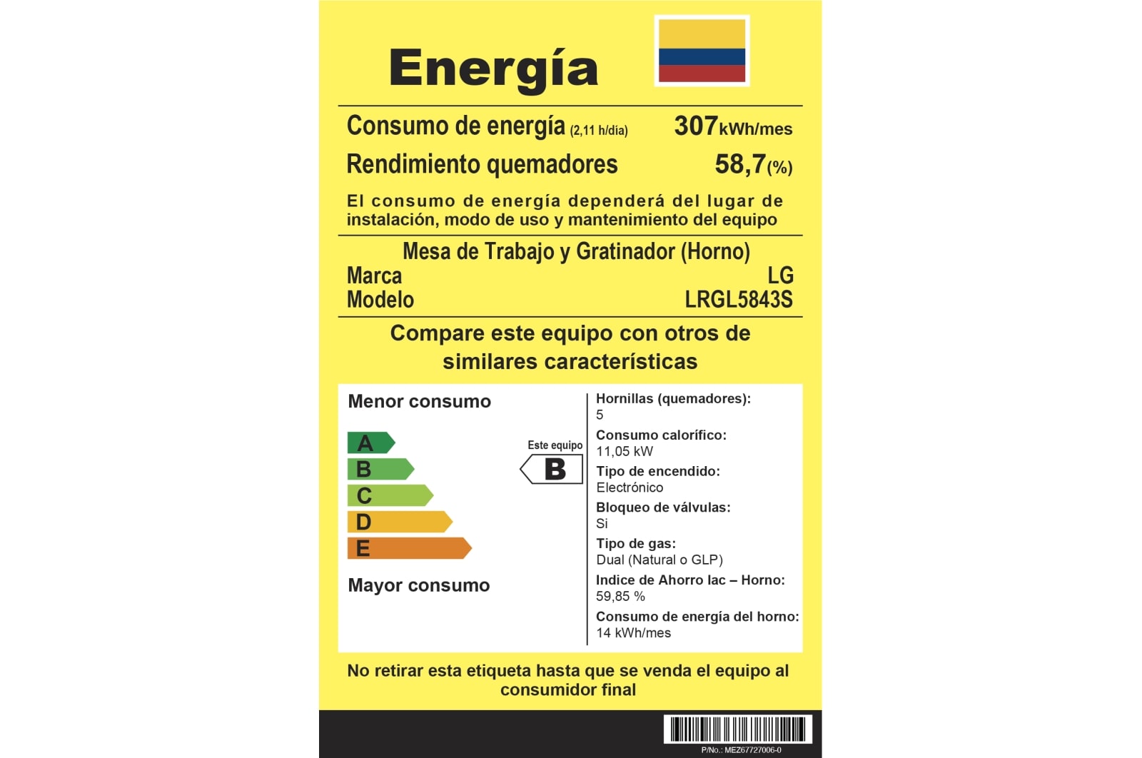 Características energéticas de la estufa LG LRGL5843S 