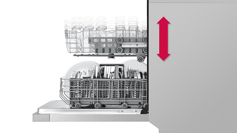 Muestra que la altura de la rejilla superior es ajustable del lavavajillas LG.