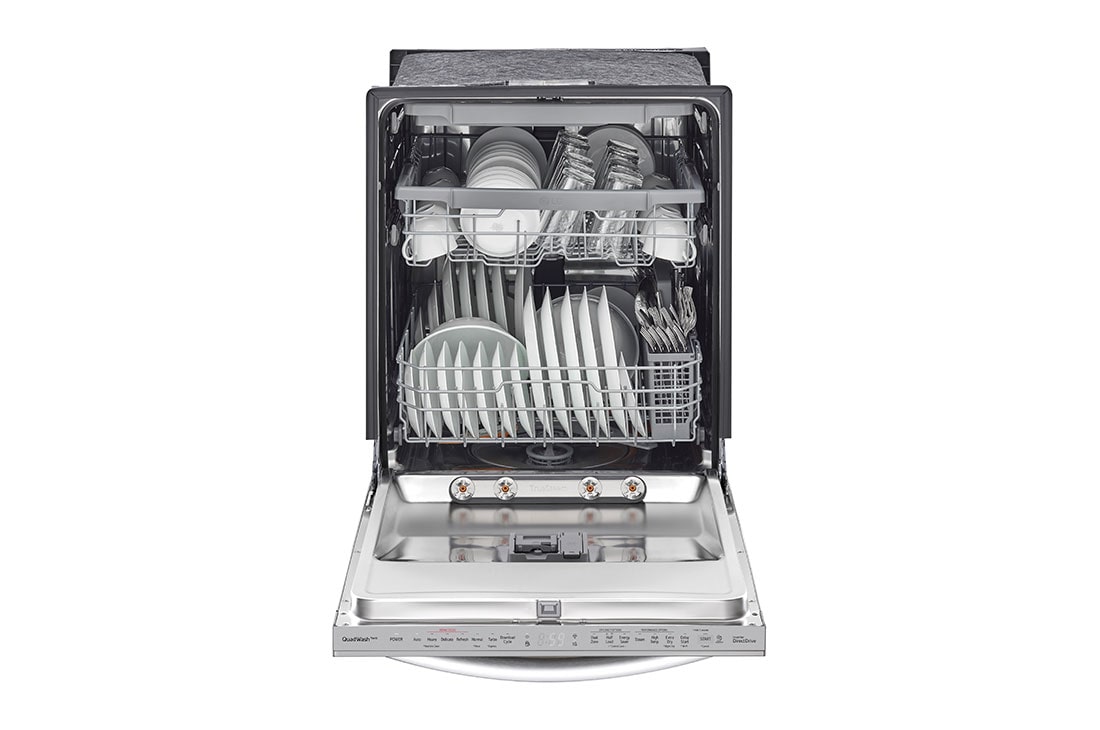 Vista frontal puerta abierta con loza de lavavajillas LG LDTS5552S - QuadWash