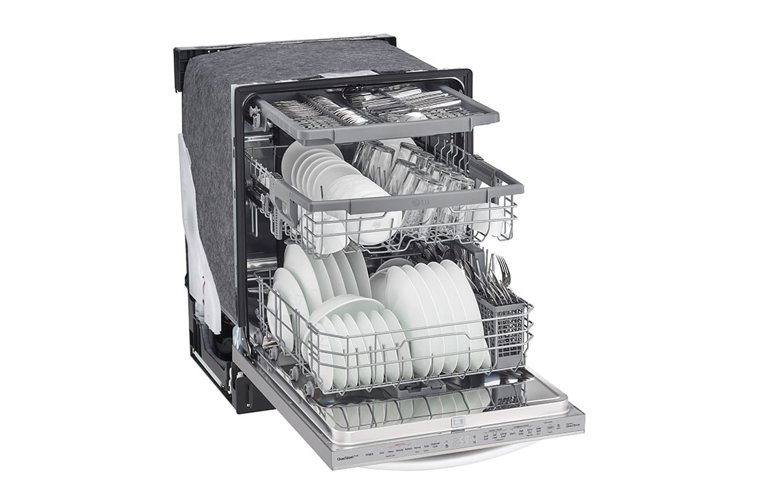 Vista frontal lateral izquierda puerta abierta y loza de lavavajillas LG LDTS5552S - QuadWash