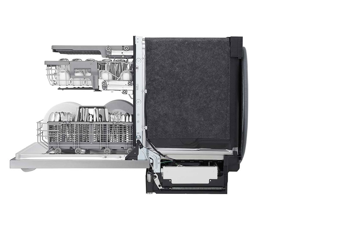 Vista lateral derecha puerta abierta con loza de lavavajillas LG LDTS5552S - QuadWash