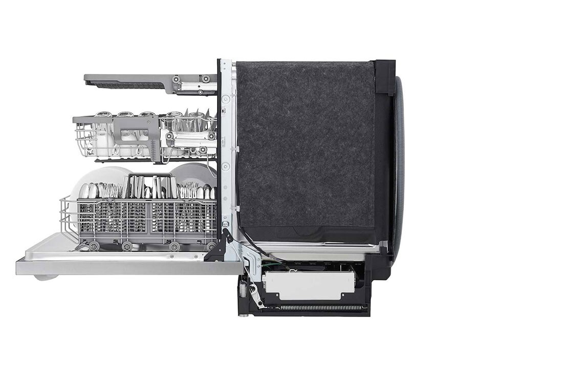 Vista lateral derecha puerta abierta con loza de lavavajillas LG LDTS5552S - QuadWash