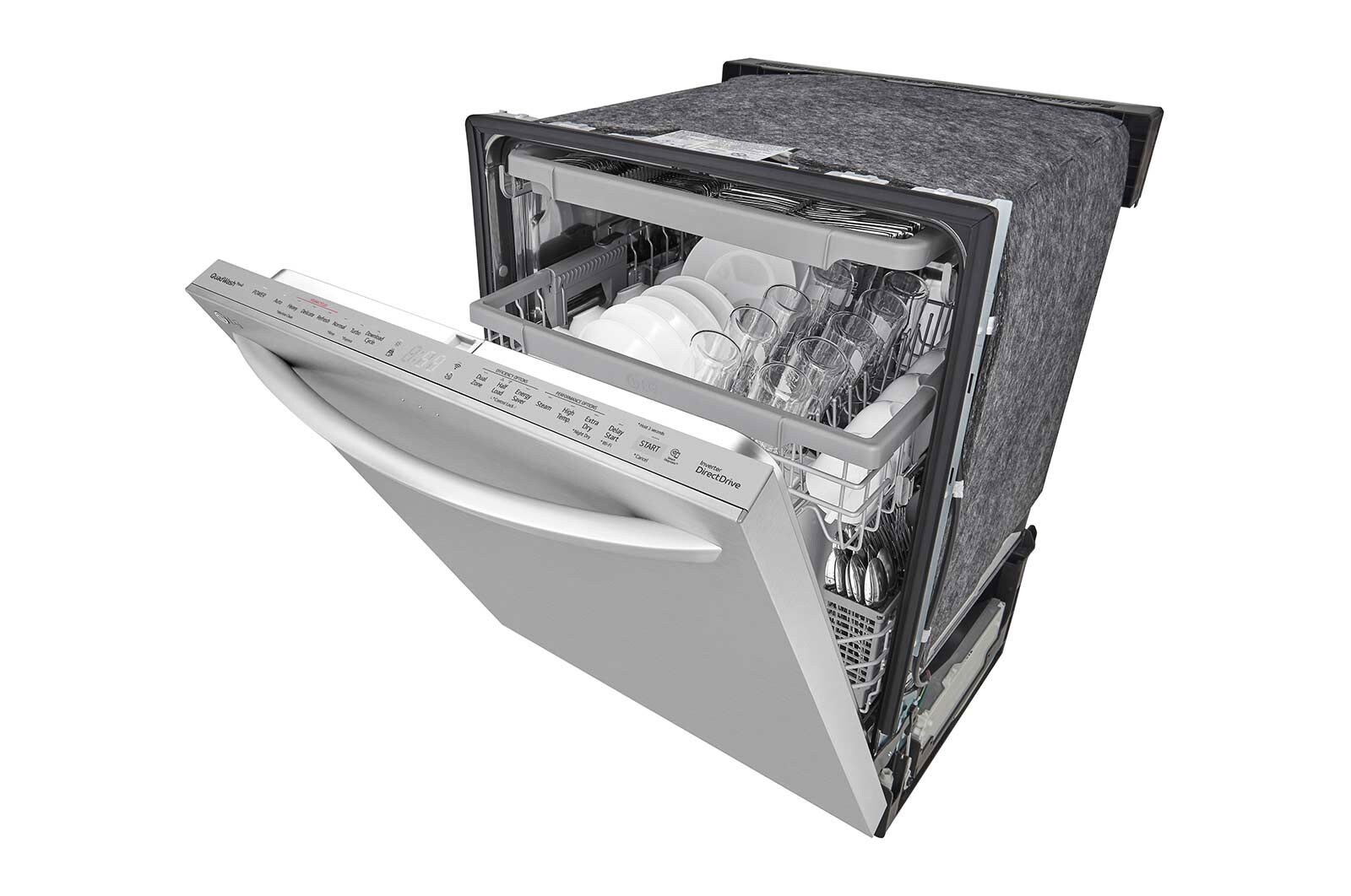 Vista frontal lateral derecha puerta medio abierta con loza de lavavajillas LG LDTS5552S - QuadWash