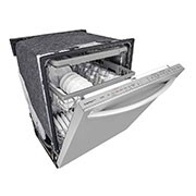 Vista frontal lateral izquierda puerta medio abierta con loza de lavavajillas LG LDTS5552S - QuadWash