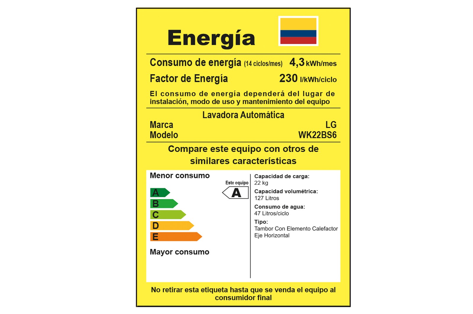 Tarjeta de consumo energético de la torre de lavado LG.