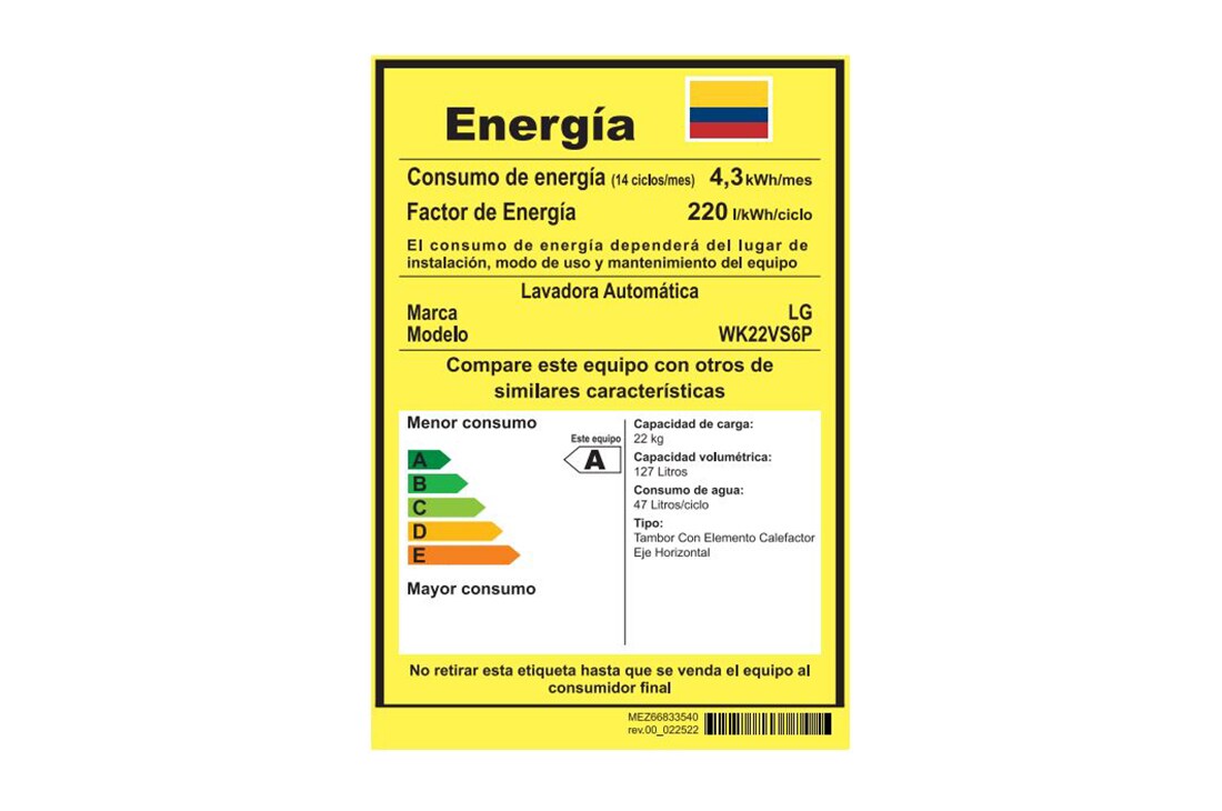 Tarjeta de consumo energético de la torre de lavado LG.