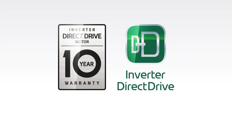 Fondo gris con logotipos de Inverter DirectDrive y garantía de 10 años.