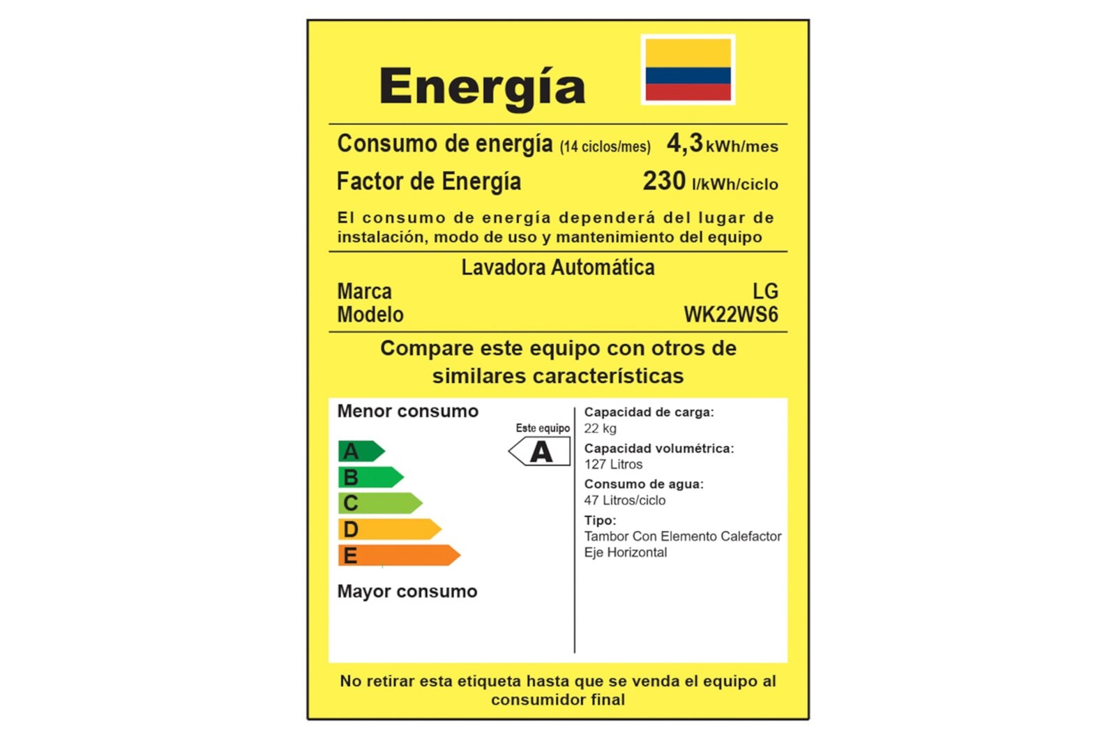 Tarjeta de consumo energético de la torre de lavado LG.