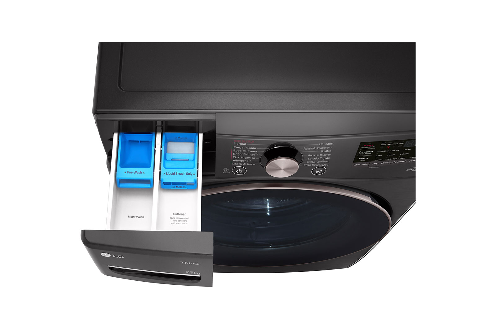 Lavadora LG wm25bv2s6br, vista contenedor de jabón desde arriba.