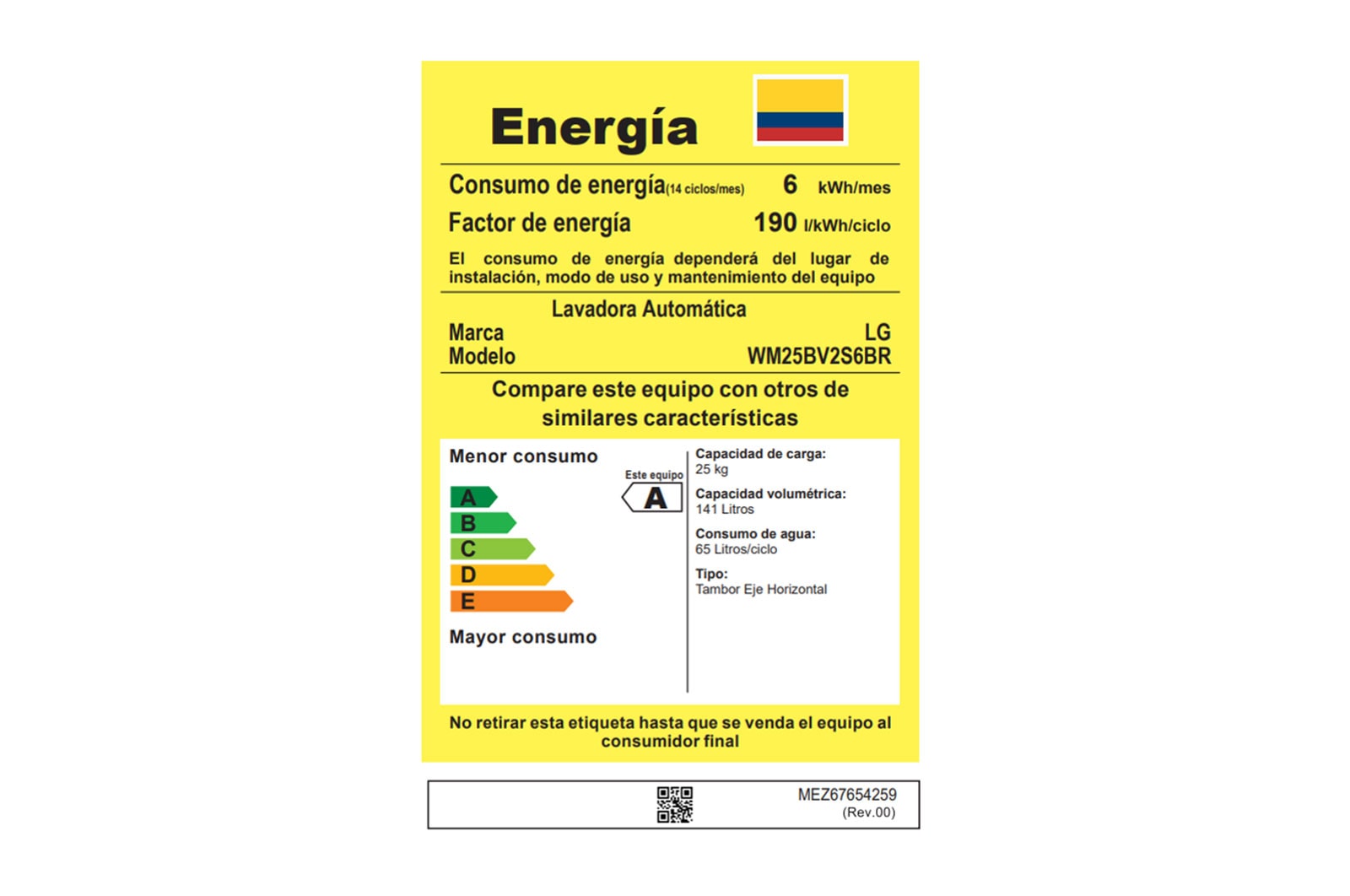 Lavadora LG wm25bv2s6br, tarjeta de consumo energético.