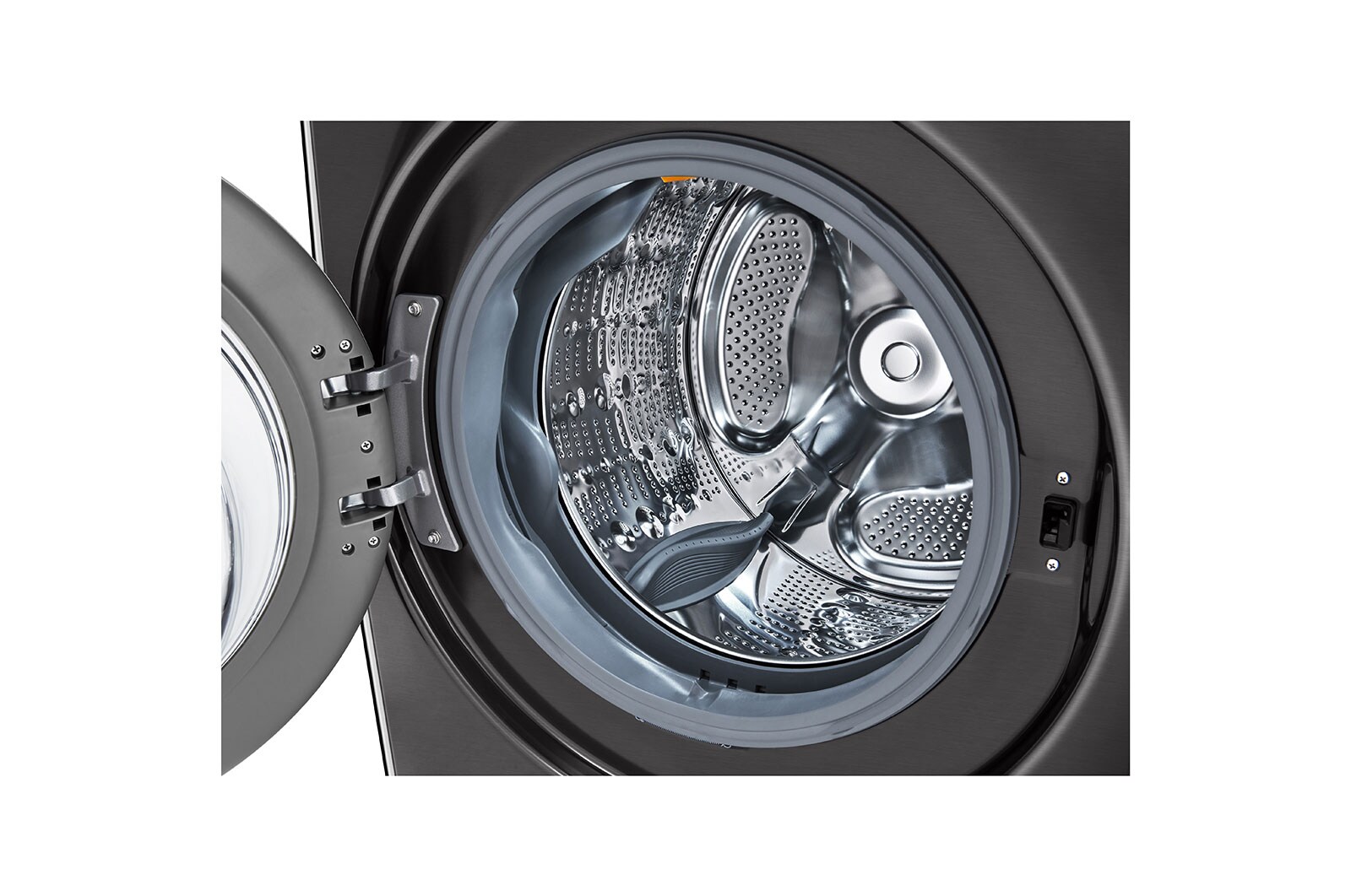 Lavadora LG wm25bv2s6br, acercamiento tanque puerta abierta.