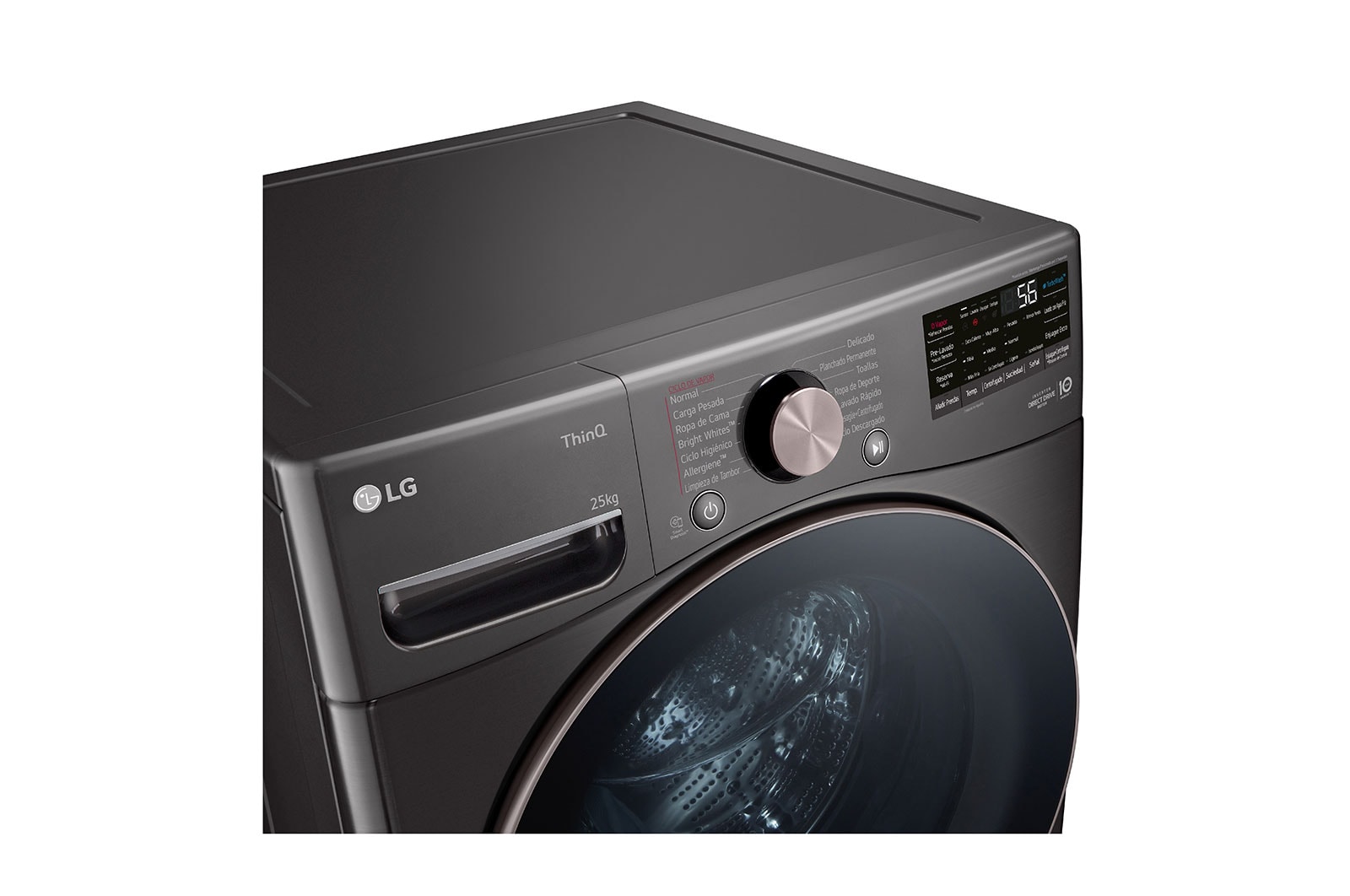 Lavadora LG wm25bv2s6br, vista izquierda desde arriba acercamiento.