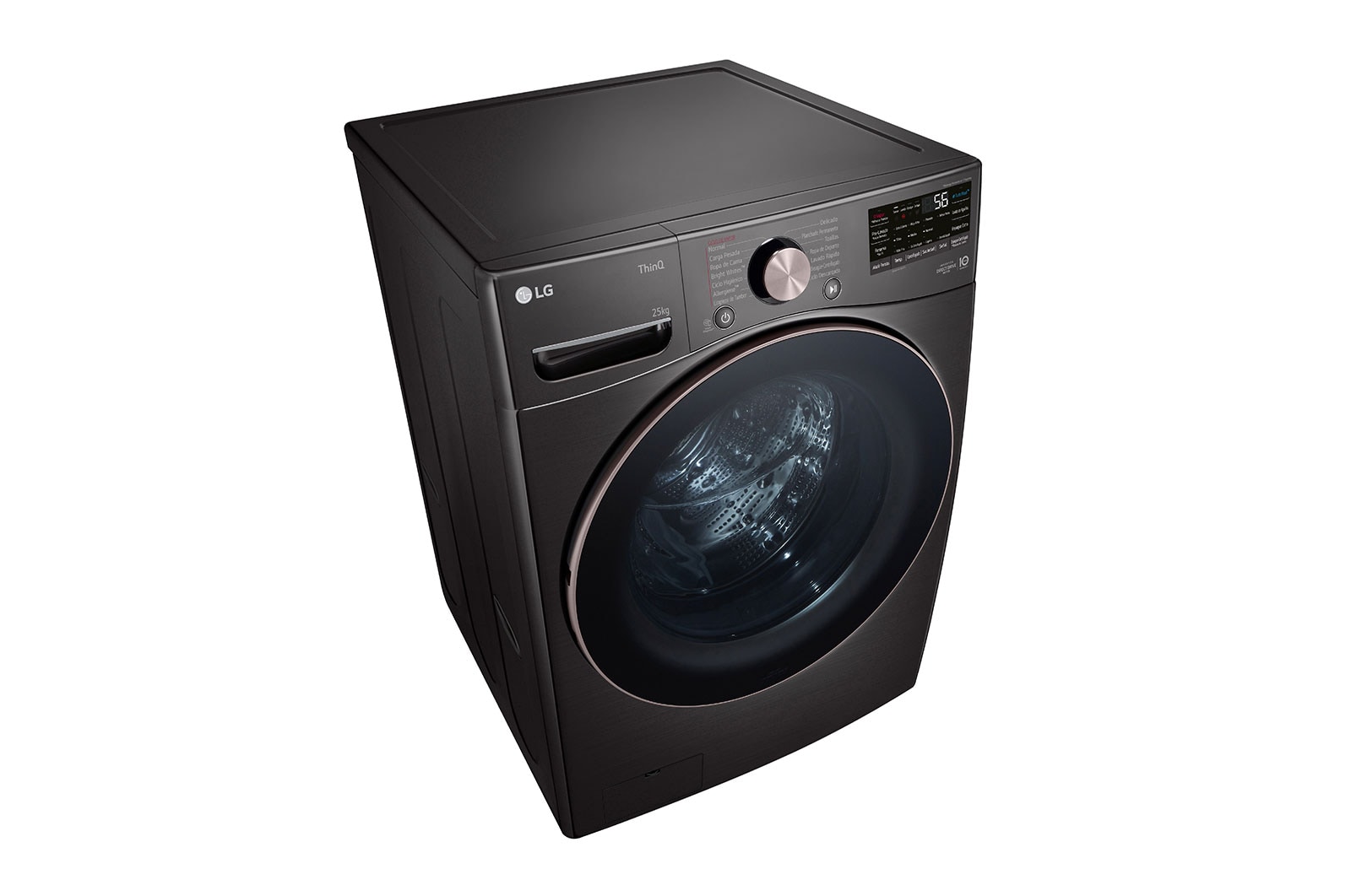 Lavadora LG wm25bv2s6br, vista frontal izquierda desde arriba.