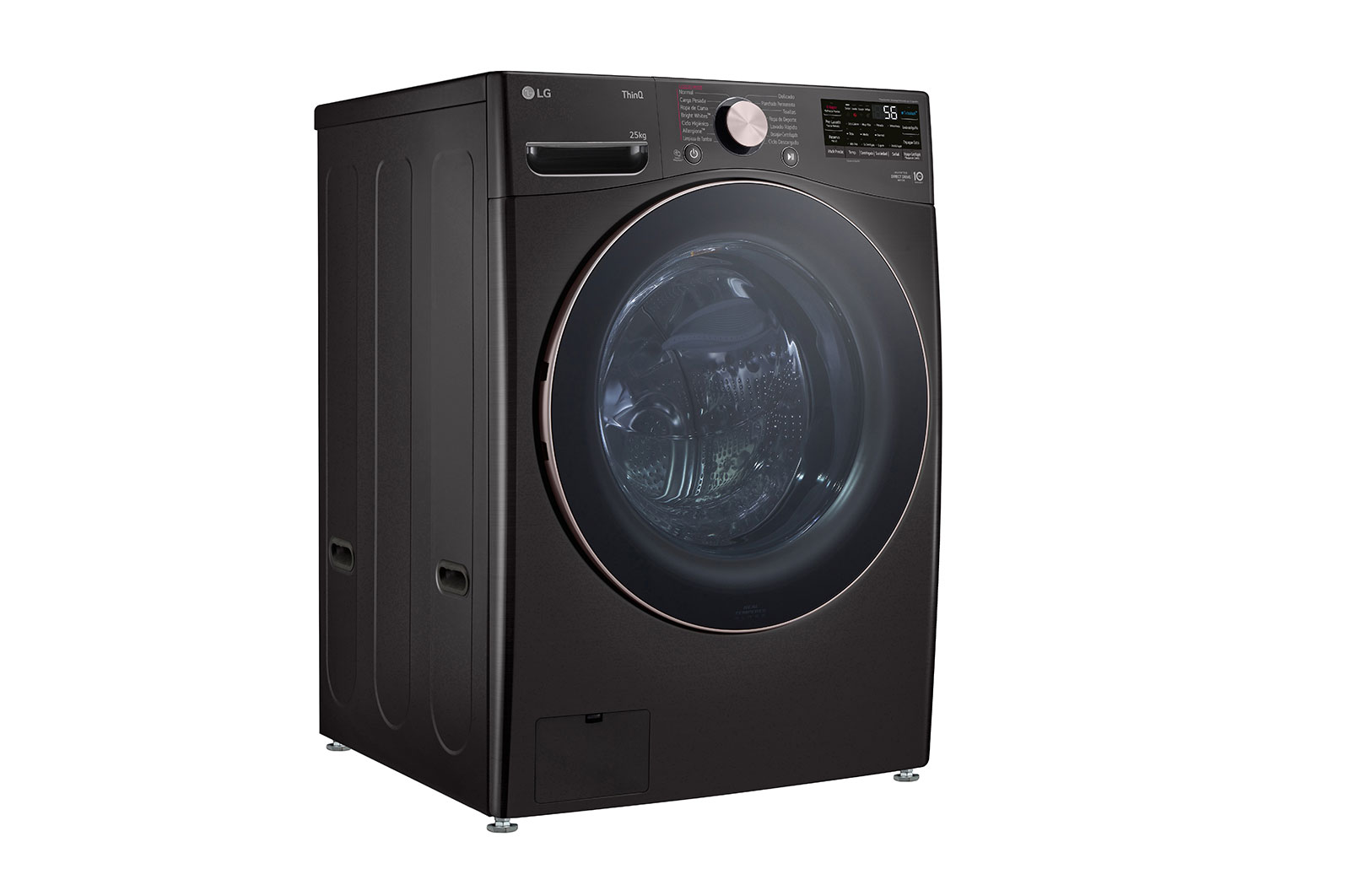 Lavadora LG wm25bv2s6br, vista frontal izquierda.