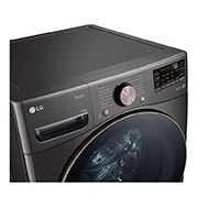 Lavadora LG wm25bv2s6br, vista izquierda desde arriba acercamiento.