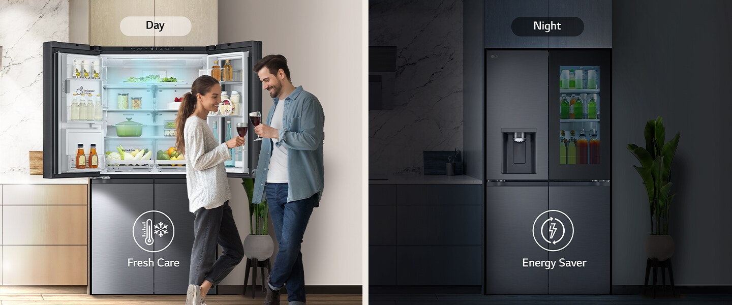 La imagen de la izquierda muestra a una pareja que sostiene vasos durante el día delante de un refrigerador abierto. Sólo uno de los lados  del refrigerador está abierto, y de él sale aire frío de color azul. El icono del termómetro, que significa aire frío, se encuentra debajo de la imagen. La imagen de la derecha muestra el refrigerador en la cocina en una noche oscura. Debajo de la imagen hay un icono eléctrico, que significa ahorro de energía.