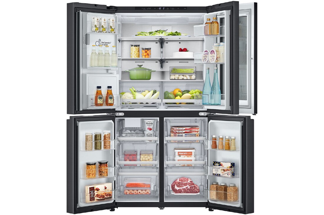Vista frontal puerta abierta con comida Nevecon French Door InstaView Door-In-Door LG GM95SXV